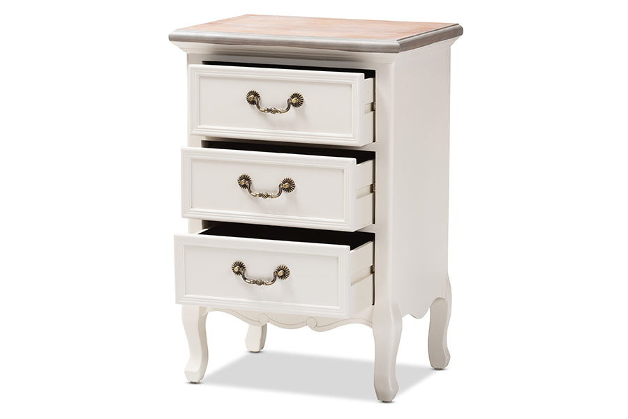 baxton studio capucine antique french country cottage two tone natural whitewashed oak and white finished wood 3 drawer nightstand | Modish Furniture Store-3