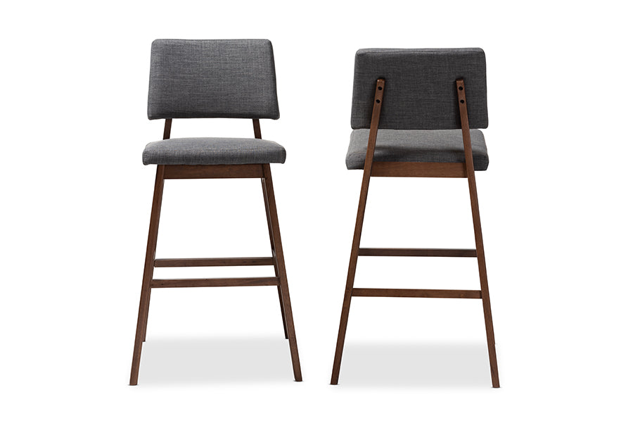 baxton studio colton mid century modern dark gray fabric upholstered and walnut finished wood bar stool set of 2 | Modish Furniture Store-3