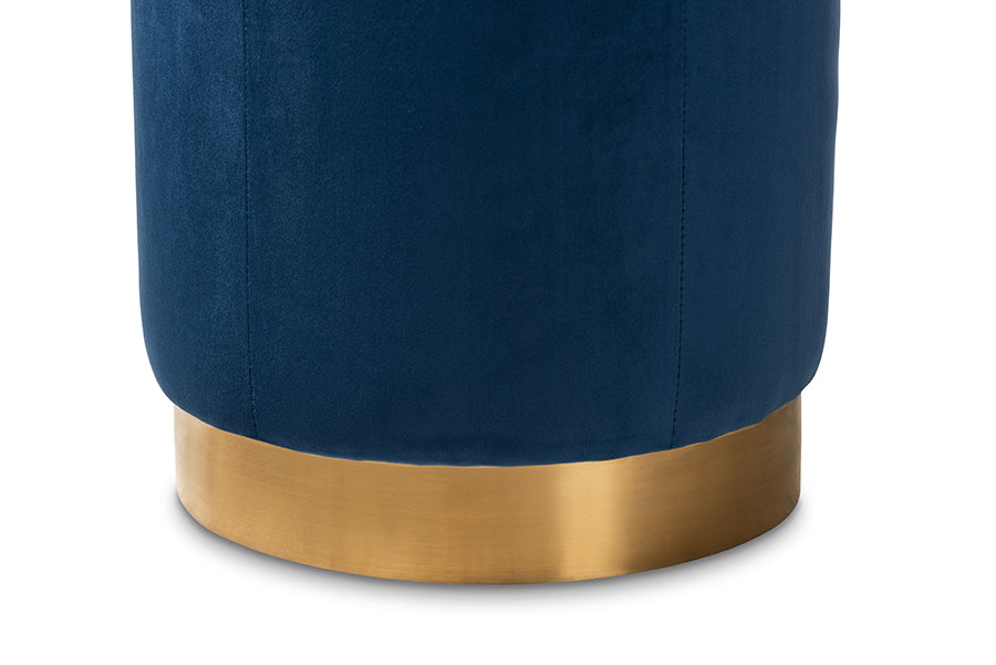 baxton studio alonza glam navy blue velvet fabric upholstered gold finished ottoman | Modish Furniture Store-3