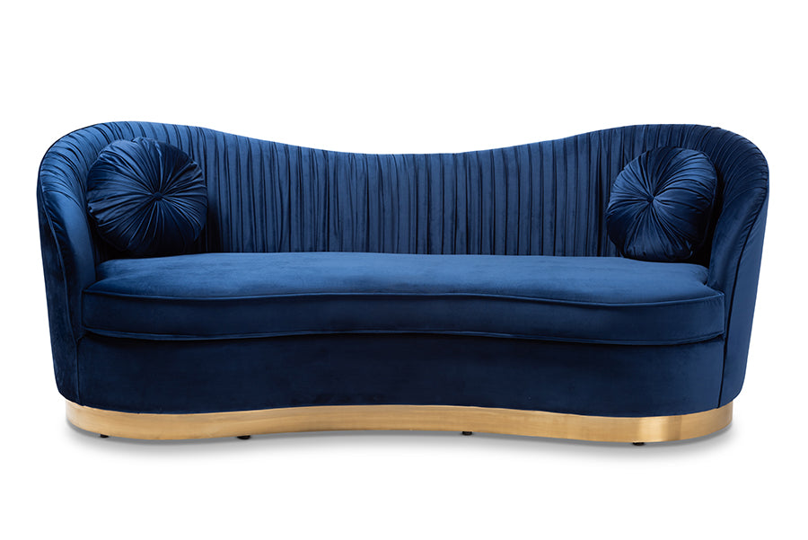 baxton studio nevena glam royal blue velvet fabric upholstered gold finished sofa | Modish Furniture Store-3