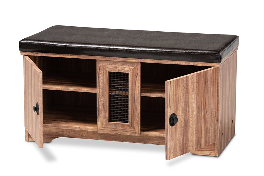 baxton studio valina modern and contemporary dark brown faux leather upholstered 2 door wood shoe storage bench | Modish Furniture Store-3