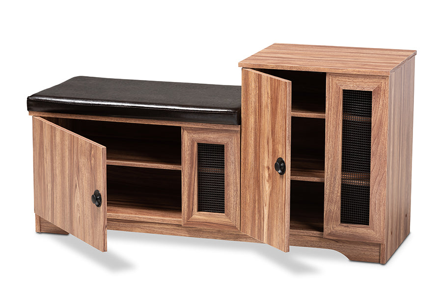 baxton studio valina modern and contemporary dark brown faux leather upholstered 2 door wood shoe storage bench with cabinet | Modish Furniture Store-3
