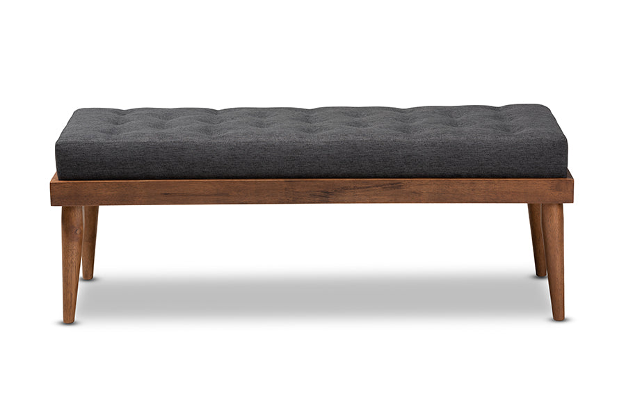 baxton studio linus mid century modern dark grey fabric upholstered and button tufted wood bench | Modish Furniture Store-3