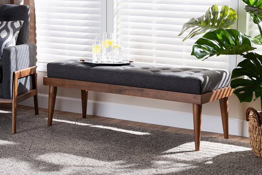 Baxton Studio Linus Mid-Century Modern Dark Grey Fabric Upholstered and Button Tufted Wood Bench | Modishstore | Stools & Benches