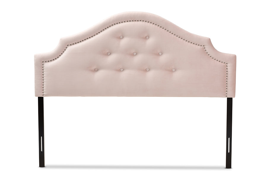 baxton studio cora modern and contemporary light pink velvet fabric upholstered queen size headboard | Modish Furniture Store-3