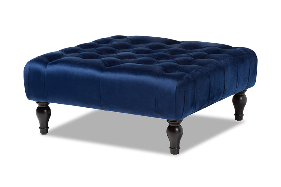 baxton studio keswick transitional blue velvet fabric upholstered button tufted cocktail ottoman | Modish Furniture Store-3