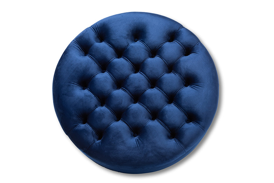 baxton studio palfrey transitional blue velvet fabric upholstered button tufted cocktail ottoman | Modish Furniture Store-3