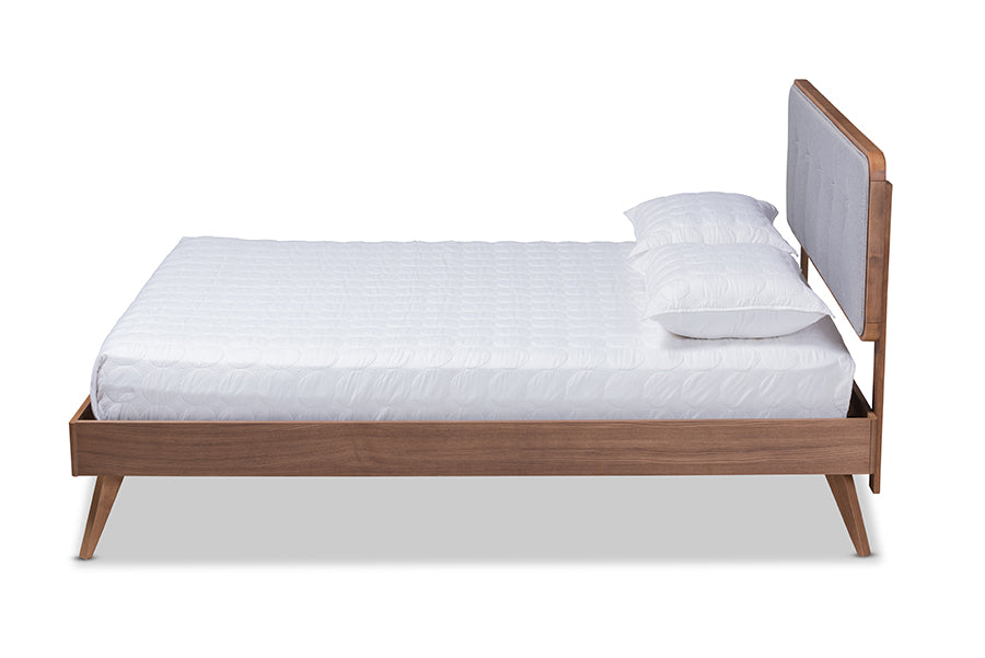 baxton studio dilara mid century modern light grey fabric upholstered walnut brown finished wood king size platform bed | Modish Furniture Store-3