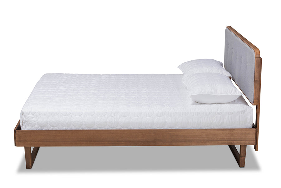 baxton studio natalia mid century modern light grey fabric upholstered and ash walnut finished wood king size platform bed | Modish Furniture Store-3