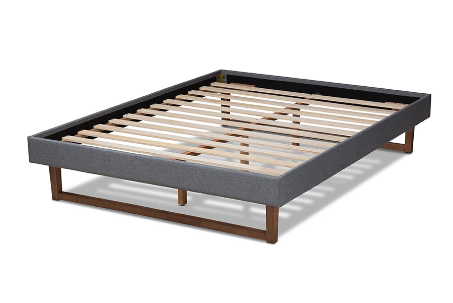 Baxton Studio Liliya Mid-Century Modern Dark Grey Fabric Upholstered Walnut Brown Finished Wood King Size Platform Bed Frame | Beds | Modishstore - 7