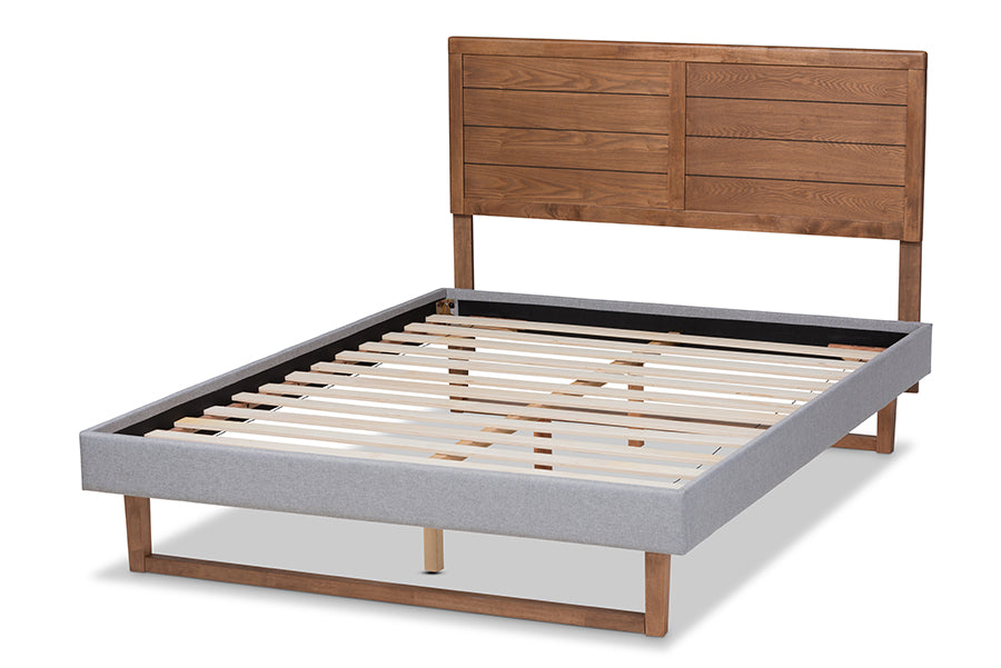 Baxton Studio Claudia Rustic Modern Light Grey Fabric Upholstered and Walnut Brown Finished Wood Queen Size Platform Bed | Beds | Modishstore - 5