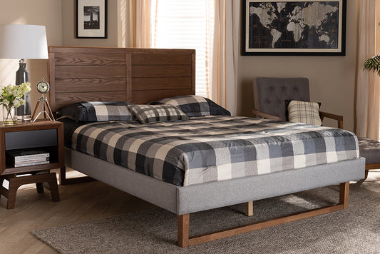 Baxton Studio Claudia Rustic Modern Light Grey Fabric Upholstered and Walnut Brown Finished Wood Queen Size Platform Bed | Beds | Modishstore