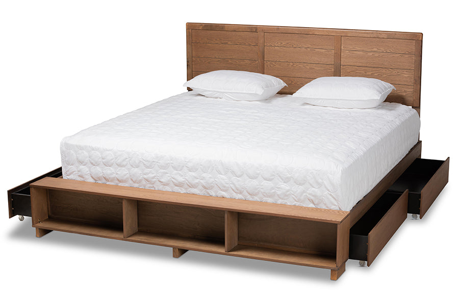baxton studio alba modern transitional ash walnut brown finished wood king size 4 drawer platform storage bed with built in shelves | Modish Furniture Store-3
