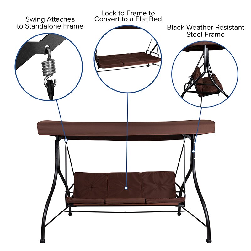 3-Seat Outdoor Steel Converting Patio Swing Canopy Hammock With Cushions / Outdoor Swing Bed (Brown) By Flash Furniture | Outdoor Porch Swings | Modishstore - 4