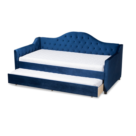 Baxton Studio Perry Modern and Contemporary Royal Blue Velvet Fabric Upholstered and Button Tufted Twin Size Daybed with Trundle | Daybeds | Modishstore