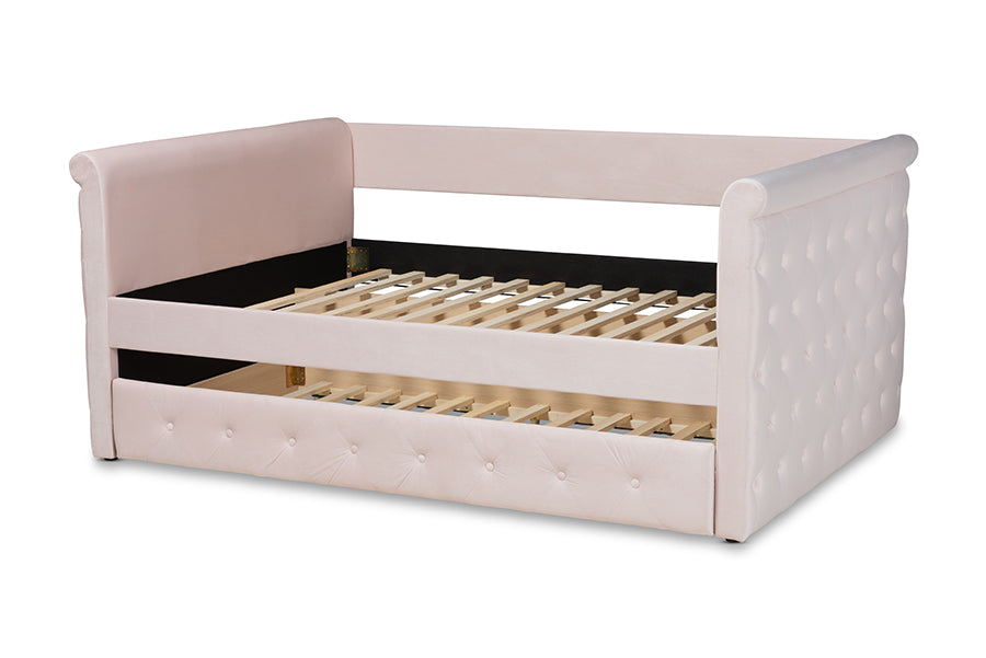 Baxton Studio Amaya Modern and Contemporary Light Pink Velvet Fabric Upholstered Full Size Daybed with Trundle | Daybeds | Modishstore - 10