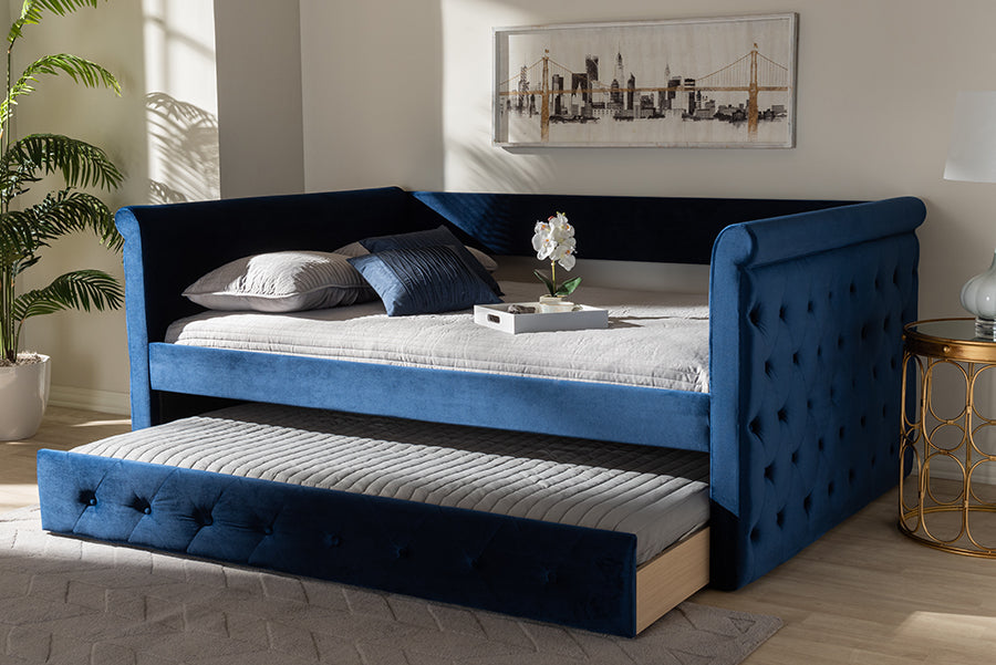 Baxton Studio Amaya Modern and Contemporary Navy Blue Velvet Fabric Upholstered Full Size Daybed with Trundle | Daybeds | Modishstore - 2