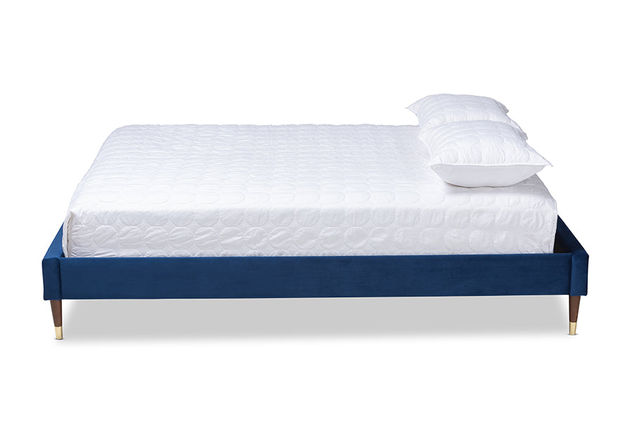 baxton studio volden glam and luxe navy blue velvet fabric upholstered full size wood platform bed frame with gold tone leg tips | Modish Furniture Store-3