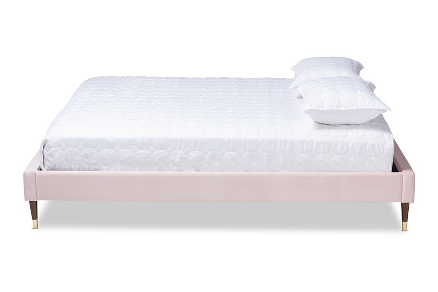 baxton studio volden glam and luxe light pink velvet fabric upholstered full size wood platform bed frame with gold tone leg tips | Modish Furniture Store-3