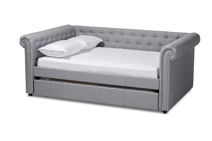 baxton studio mabelle modern and contemporary gray fabric upholstered queen size daybed with trundle | Modish Furniture Store-2
