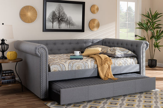Baxton Studio Mabelle Modern and Contemporary Gray Fabric Upholstered Queen Size Daybed with Trundle | Modishstore | Beds