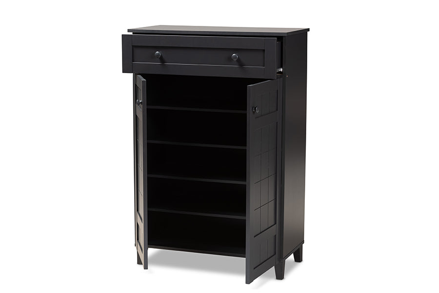baxton studio glidden modern and contemporary dark grey finished 5 shelf wood shoe storage cabinet with drawer | Modish Furniture Store-3