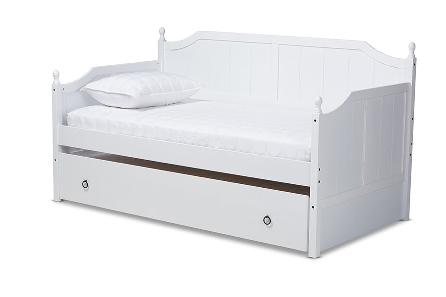 baxton studio millie cottage farmhouse white finished wood full size daybed with trundle | Modish Furniture Store-2