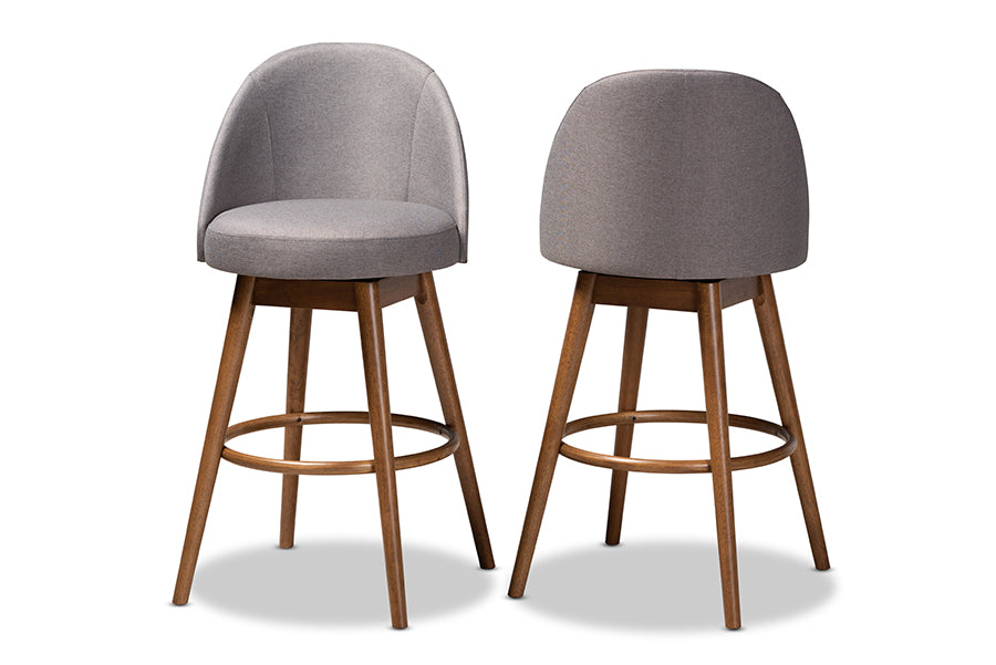 baxton studio carra mid century modern grey fabric upholstered walnut finished wood swivel bar stool set of 2 | Modish Furniture Store-3