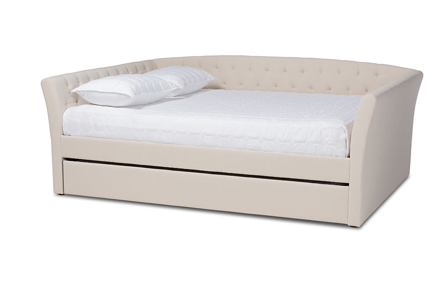 baxton studio delora modern and contemporary beige fabric upholstered full size daybed with roll out trundle bed | Modish Furniture Store-2