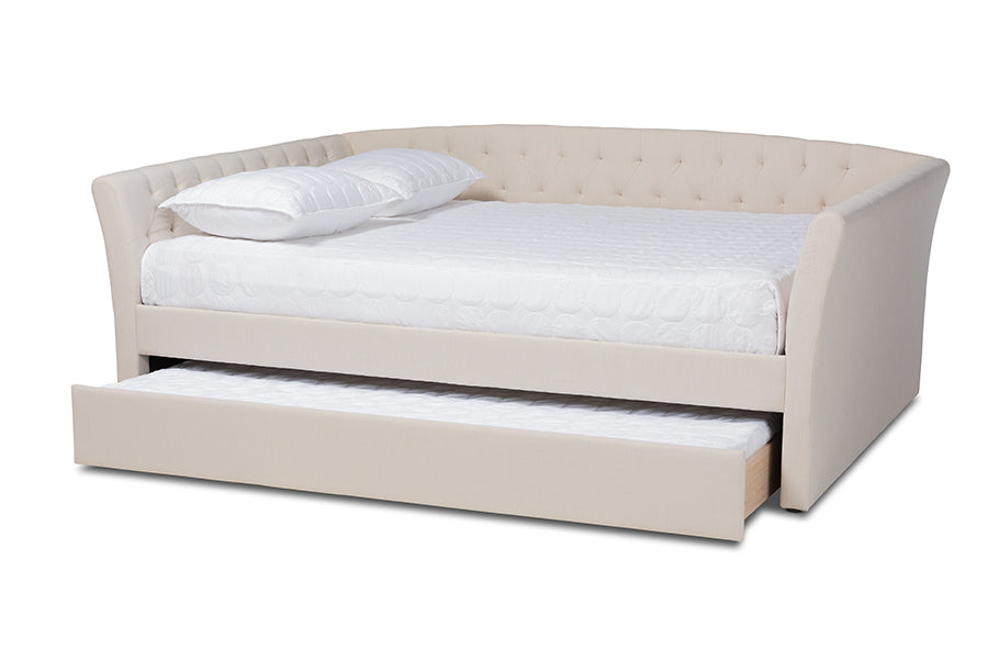 baxton studio delora modern and contemporary beige fabric upholstered full size daybed with roll out trundle bed | Modish Furniture Store-3