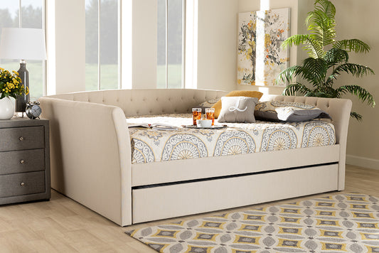 Baxton Studio Delora Modern and Contemporary Beige Fabric Upholstered Full Size Daybed with Roll-Out Trundle Bed | Modishstore | Beds