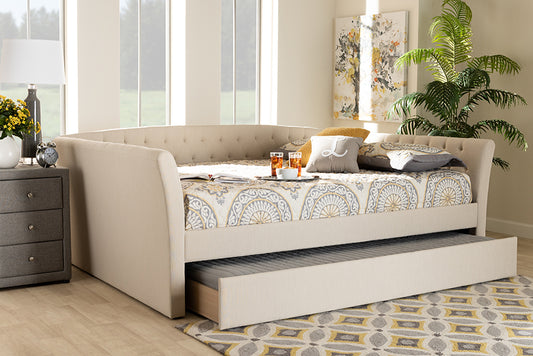 Baxton Studio Delora Modern and Contemporary Beige Fabric Upholstered Queen Size Daybed with Roll-Out Trundle Bed | Modishstore | Beds