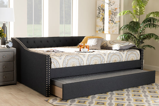 Baxton Studio Haylie Modern and Contemporary Dark Grey Fabric Upholstered Queen Size Daybed with Roll-Out Trundle Bed | Modishstore | Beds