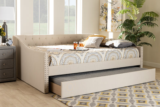 Baxton Studio Haylie Modern and Contemporary Beige Fabric Upholstered Full Size Daybed with Roll-Out Trundle Bed | Modishstore | Beds