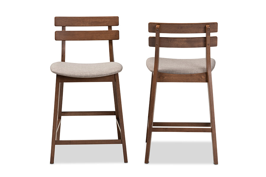 baxton studio larine modern and contemporary light grey fabric upholstered walnut finished 2 piece wood counter stool set | Modish Furniture Store-3