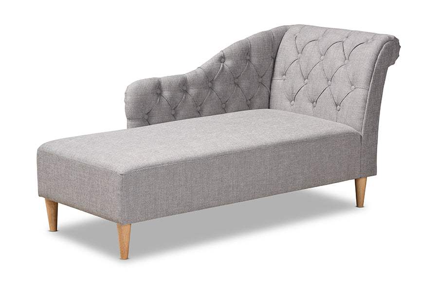 baxton studio emeline modern and contemporary grey fabric upholstered oak finished chaise lounge | Modish Furniture Store-2