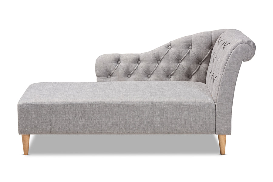 baxton studio emeline modern and contemporary grey fabric upholstered oak finished chaise lounge | Modish Furniture Store-3