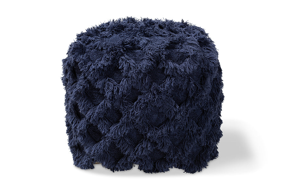 baxton studio asuka moroccan inspired navy handwoven cotton fringe pouf ottoman | Modish Furniture Store-3