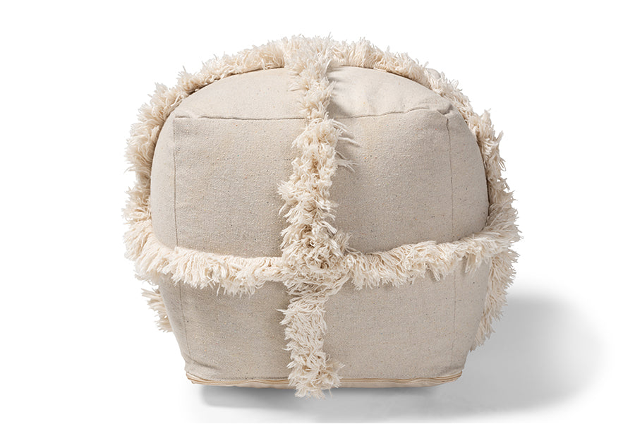 baxton studio alfro moroccan inspired beige handwoven cotton fringe pouf ottoman | Modish Furniture Store-3