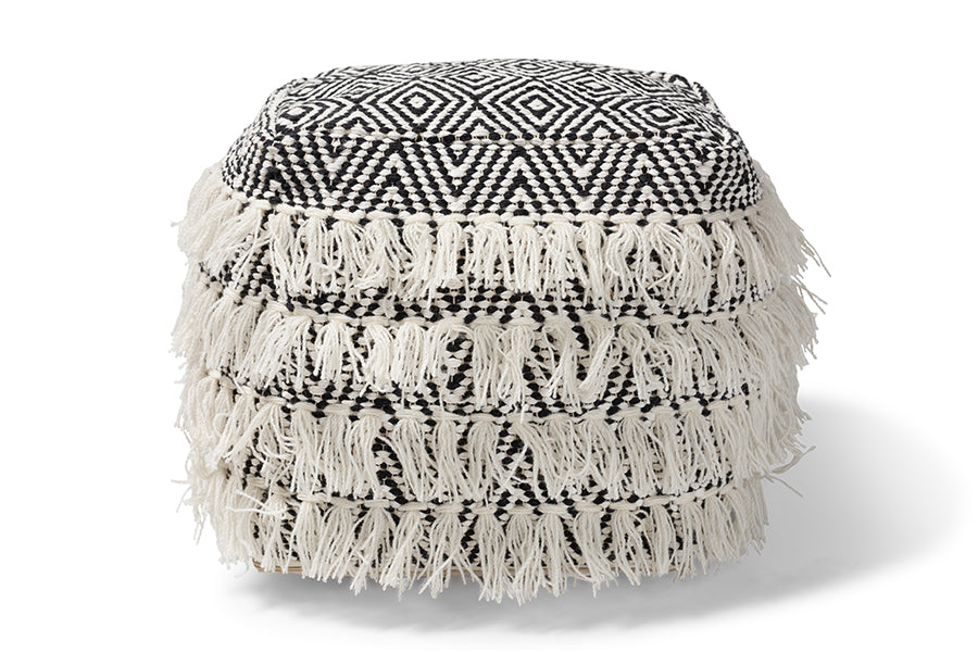 baxton studio alain moroccan inspired black and ivory handwoven wool tassel pouf ottoman | Modish Furniture Store-3