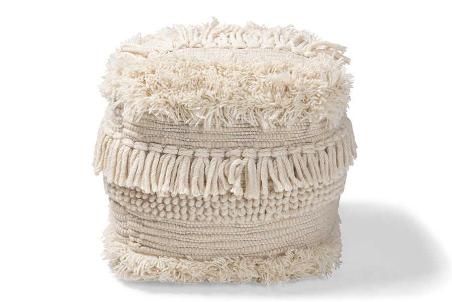 baxton studio bartow moroccan inspired beige handwoven cotton pouf ottoman | Modish Furniture Store-3