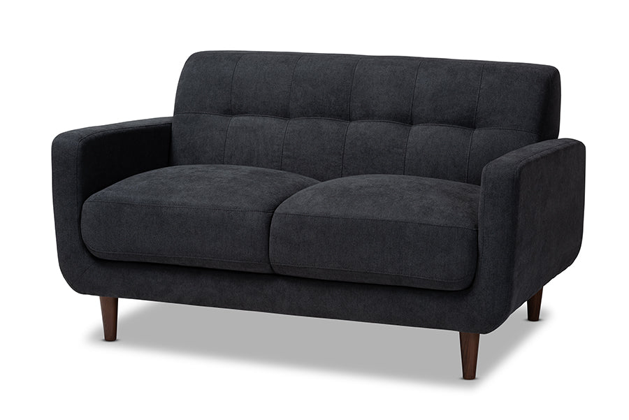 baxton studio allister mid century modern dark grey fabric upholstered loveseat | Modish Furniture Store-2