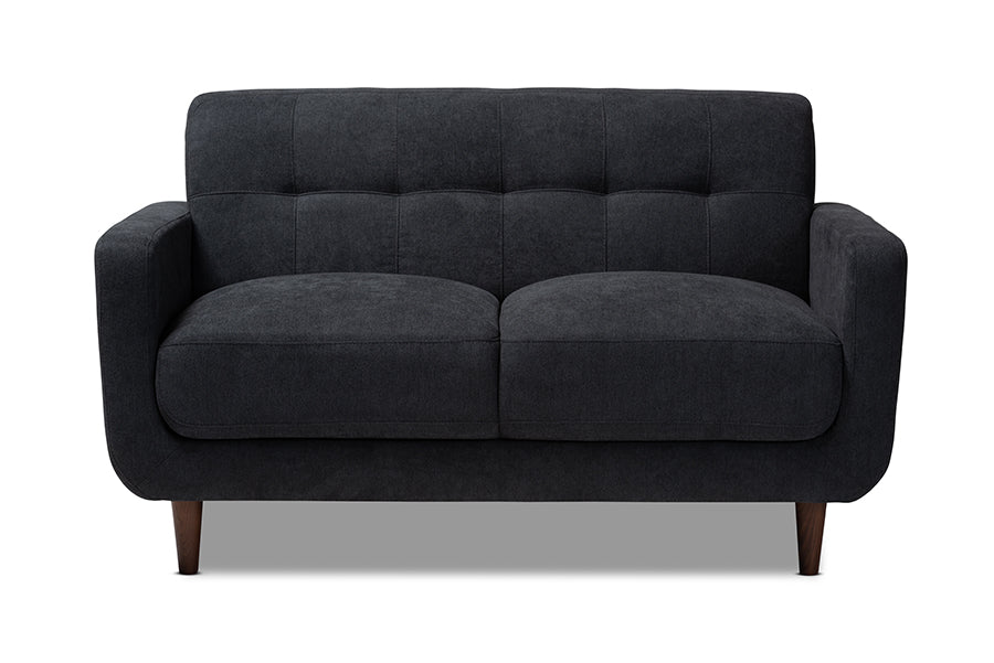 baxton studio allister mid century modern dark grey fabric upholstered loveseat | Modish Furniture Store-3