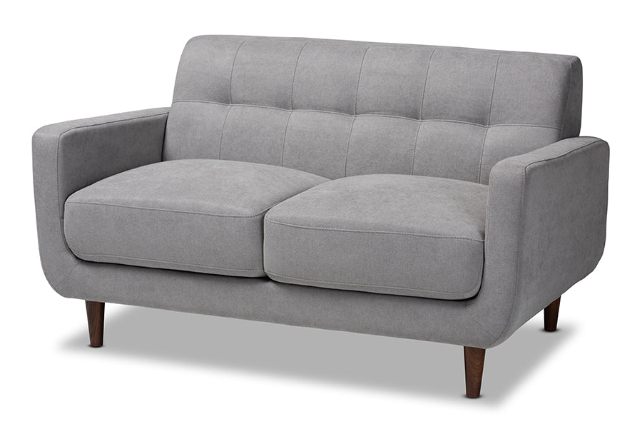 baxton studio allister mid century modern light grey fabric upholstered loveseat | Modish Furniture Store-2