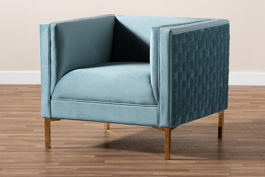 Baxton Studio Seraphin Glam and Luxe Light Blue Velvet Fabric Upholstered Gold Finished Armchair | Modishstore | Armchairs
