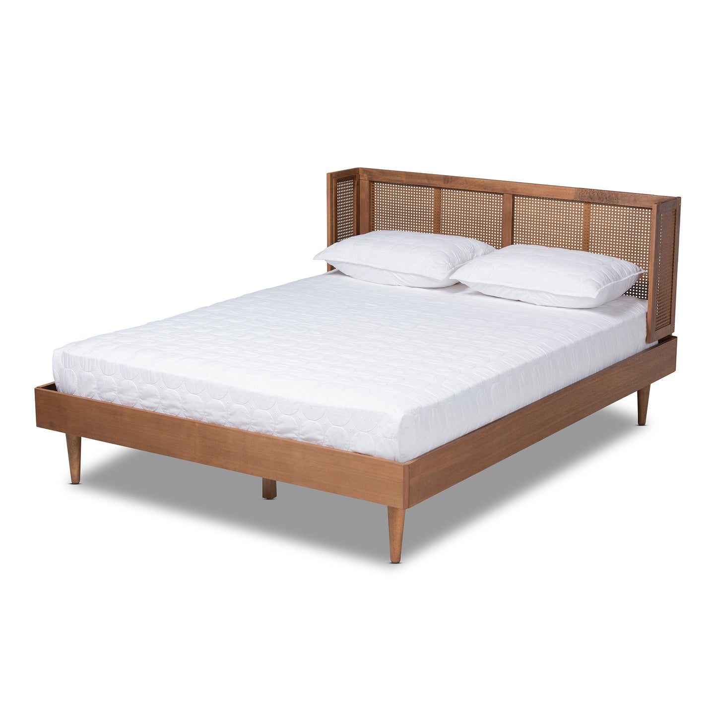 Baxton Studio Rina Mid-Century Modern Ash Wanut Finished Wood and Synthetic Rattan Full Size Platform Bed with Wrap-Around Headboard | Beds | Modishstore