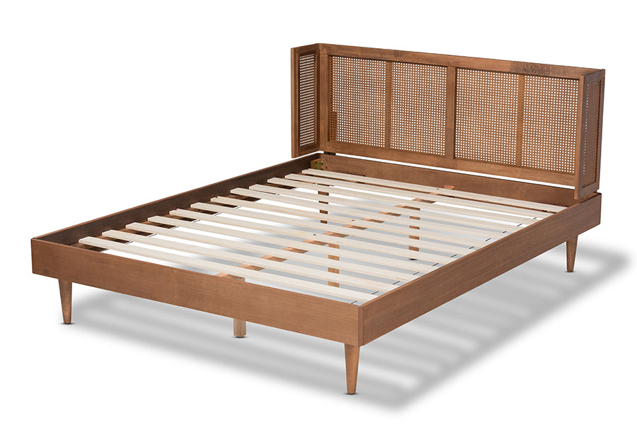 Baxton Studio Rina Mid-Century Modern Ash Wanut Finished Wood and Synthetic Rattan King Size Platform Bed with Wrap-Around Headboard | Beds | Modishstore - 7