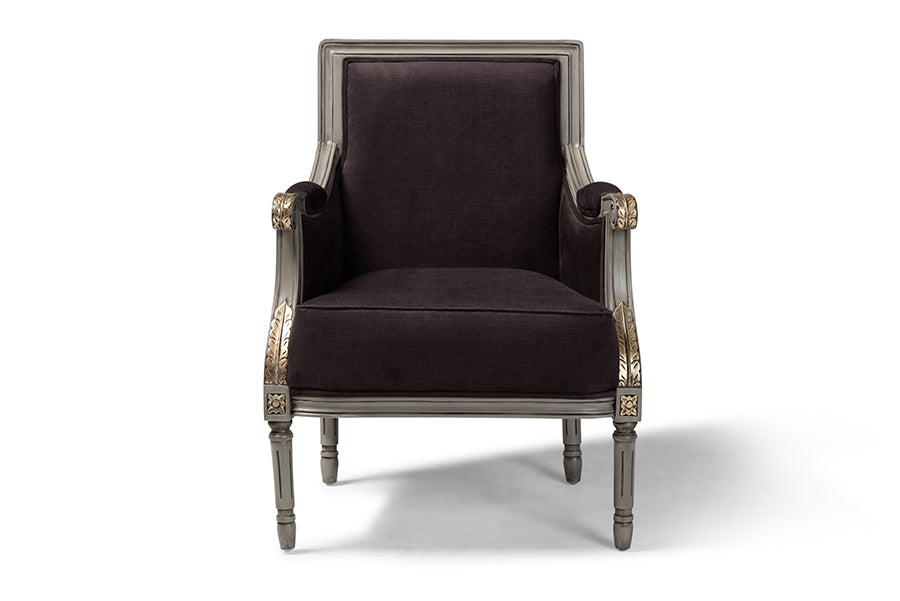 baxton studio georgette classic and traditional french inspired brown velvet upholstered grey finished armchair with goldleaf detailing | Modish Furniture Store-3