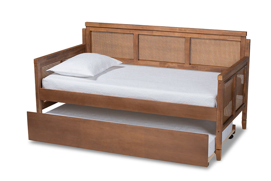 baxton studio toveli vintage french inspired ash wanut finished wood and synthetic rattan daybed with trundle | Modish Furniture Store-3