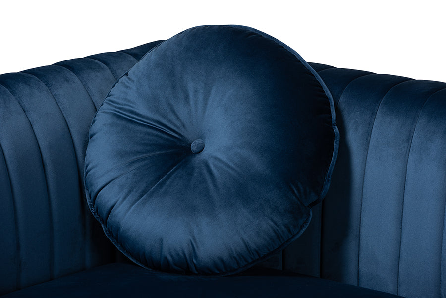 baxton studio giselle glam and luxe navy blue velvet fabric upholstered mirrored gold finished left facing sectional sofa with chaise | Modish Furniture Store-3